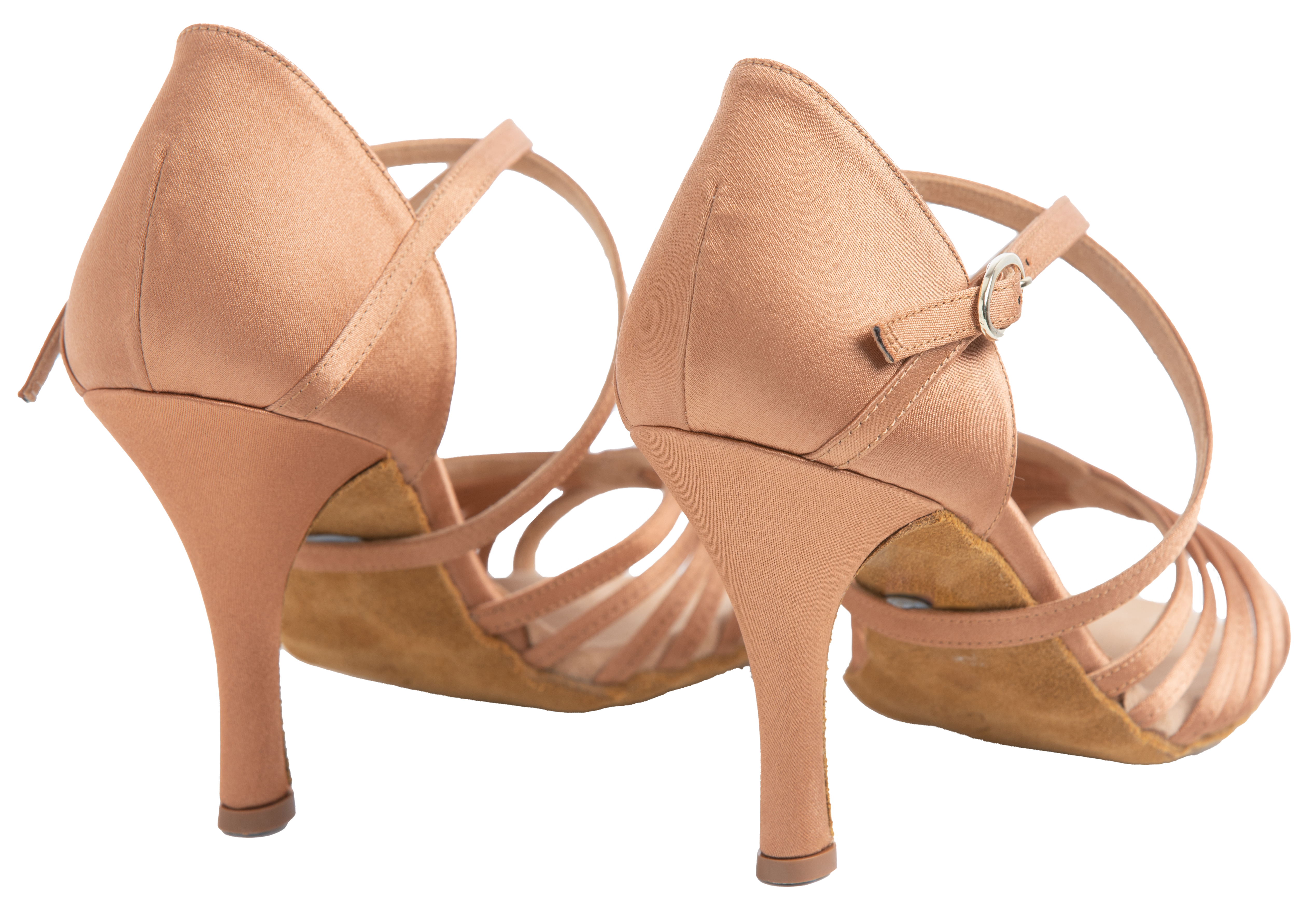 Nude heels, beige soles & brass buckles displayed on ENERGY Ladies Latin Dance Shoes 