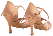 Load image into Gallery viewer, Nude heels, beige soles & brass buckles displayed on ENERGY Ladies Latin Dance Shoes