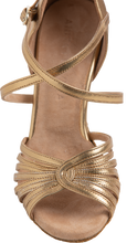 Load image into Gallery viewer, Front design of Energy Ladies Latin Dance Shoes Gold, with 2 cross-straps