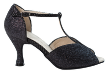Carica l'immagine nel visualizzatore di Gallery, Megan Black Ladies Social Dance Shoes in glitter black fabric with 3 inch heel