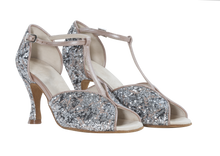 Carica l'immagine nel visualizzatore di Gallery, Leather & silver fabric Megan Ladies Dance Shoes, T-bar design
