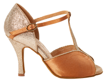 Carica l'immagine nel visualizzatore di Gallery, Nude satin and gold glitter fabric of Megan Nude Social Dance Shoes, 3.5 inch heel