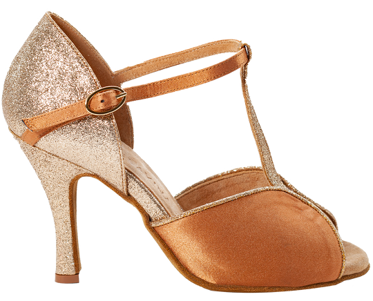 Nude satin and gold glitter fabric of Megan Nude Social Dance Shoes, 3.5 inch heel 