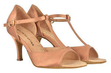 Carica l'immagine nel visualizzatore di Gallery, Shoes for latin dancing: ESTHER with T-Bar design, gold buckles, open-toe & soft buffalo soles.