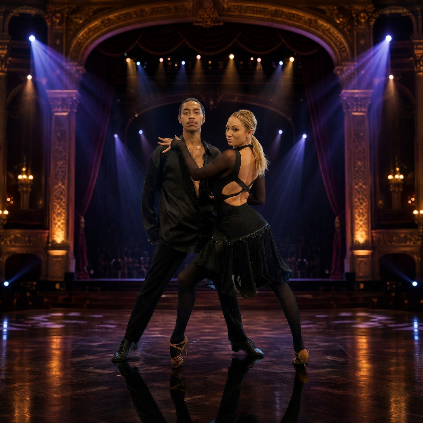 Amateur Latin dancers Mirco and Diana wearing Anita Flavina Dance Shoes during competition.