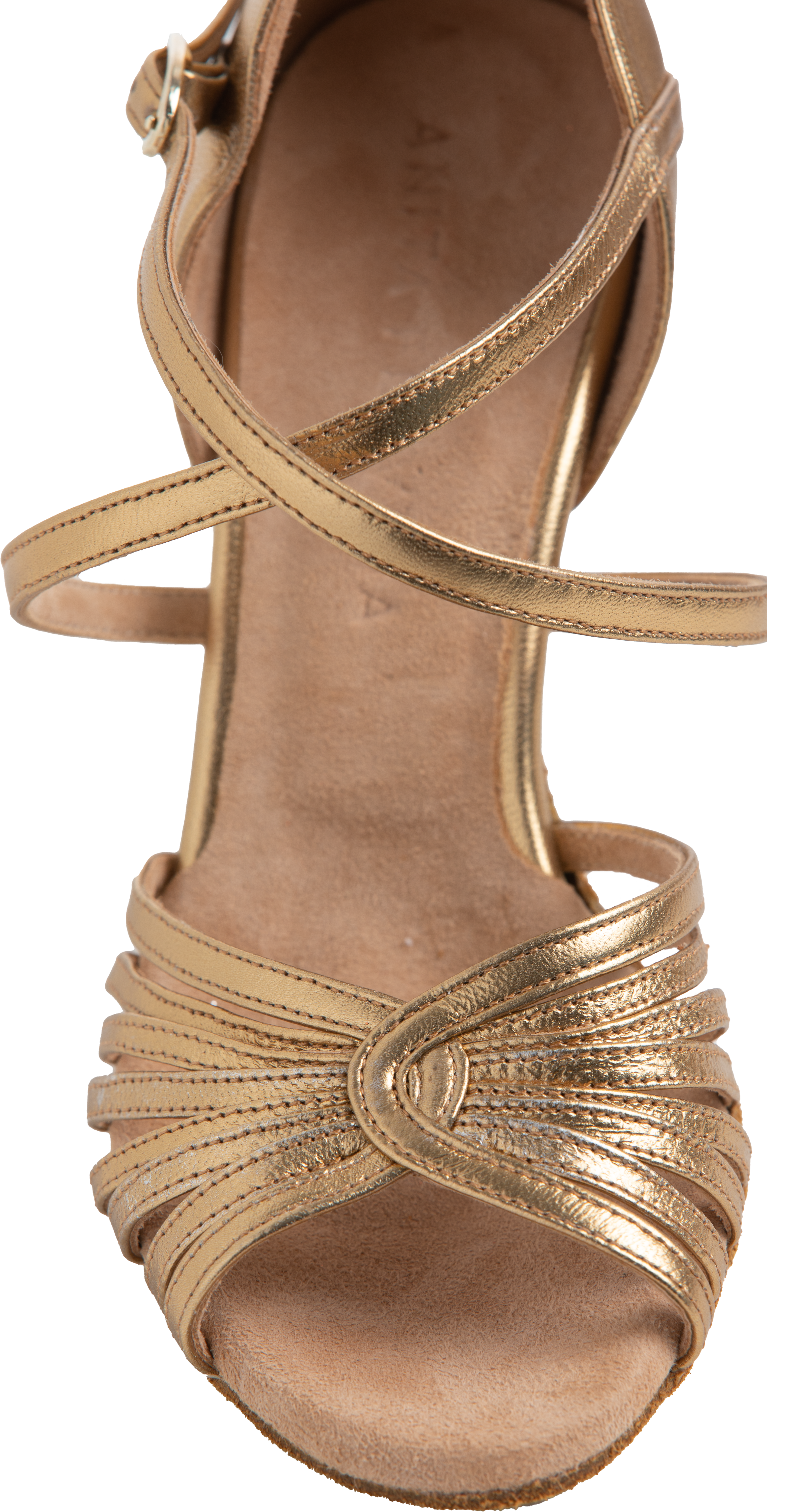 Front design of Energy Ladies Latin Dance Shoes Gold, with 2 cross-straps