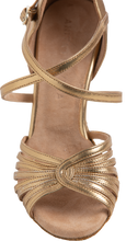 Load image into Gallery viewer, Front design of Energy Ladies Latin Dance Shoes Gold, with 2 cross-straps

