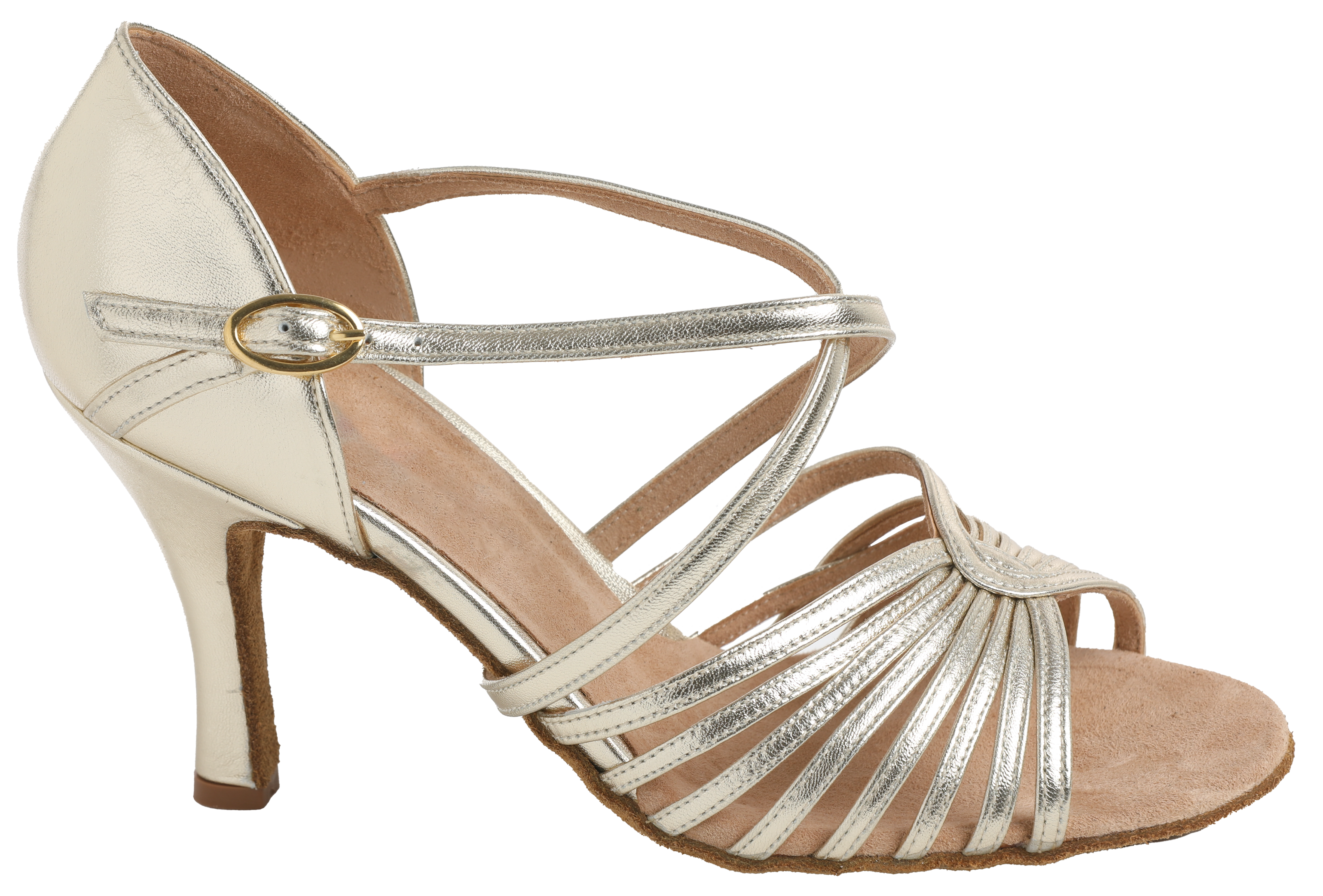 Side profile of Energy Ladies Latin Dance Shoes in Platinum leather with intertwining straps