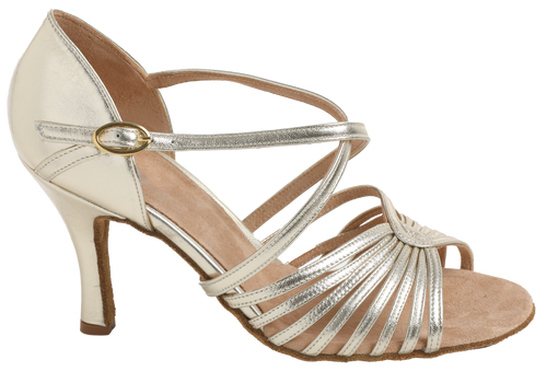 Side profile of Energy Ladies Latin Dance Shoes in Platinum leather with intertwining straps