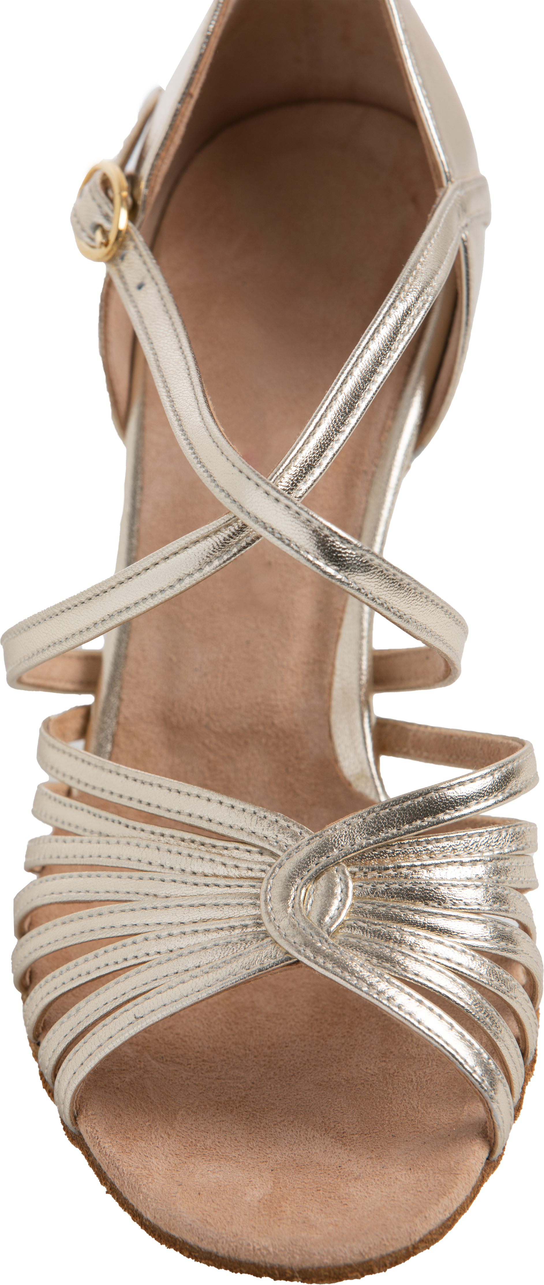 Front profile of Energy Ladies Latin Dance Shoes, Platinum with straps of upper secured to centre of insole