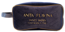 Load image into Gallery viewer, Front view of Anita Flavina blue velvet dance shoe bag

