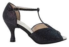 Load image into Gallery viewer, Megan Black Ladies Social Dance Shoes in glitter black fabric with 3 inch heel
