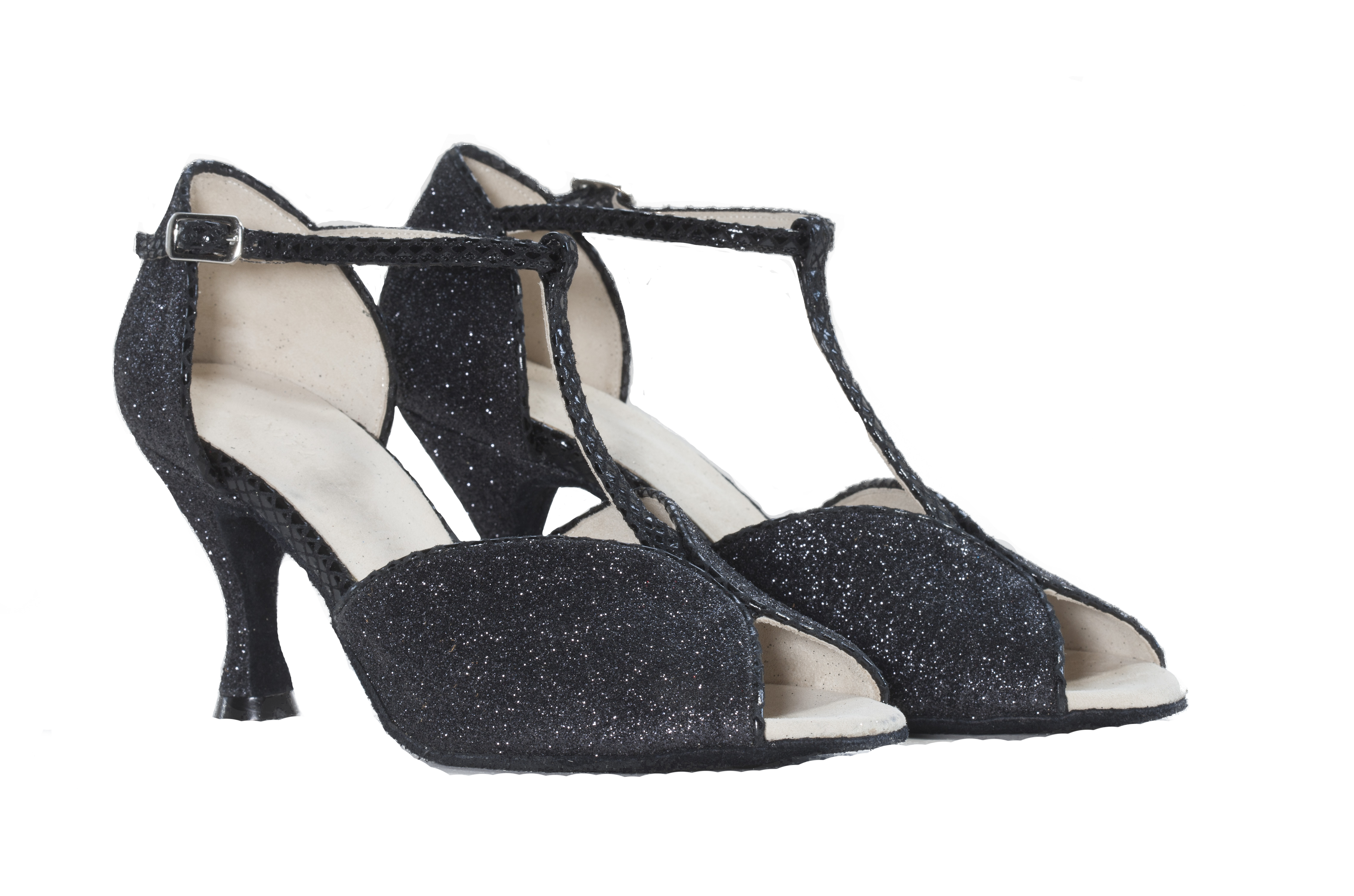 T-bar design & silver buckles of Megan Black Ladies Social Dance Shoes 