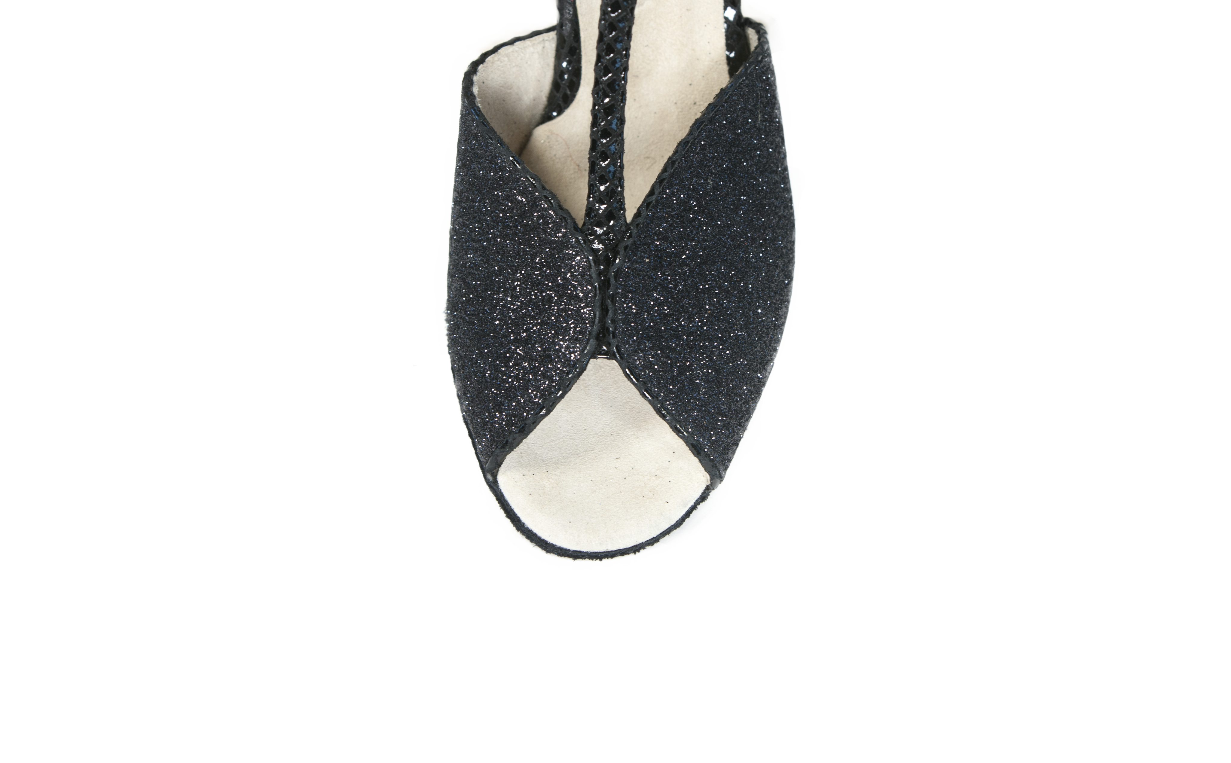 Display of open toe & glittery Megan Black Ladies Social Dance Shoes 
