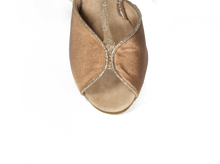 Load image into Gallery viewer, Open toe, silver linings &amp; beige soles of Megan Nude Social Dance Shoes 
