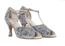 Load image into Gallery viewer, Leather &amp; silver fabric Megan Ladies Dance Shoes, T-bar design 
