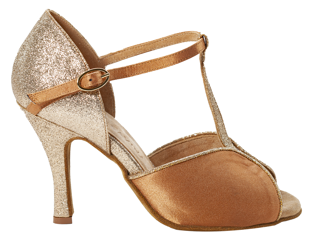 Nude satin and gold glitter fabric of Megan Nude Social Dance Shoes, 3.5 inch heel 