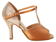 Load image into Gallery viewer, Nude satin and gold glitter fabric of Megan Nude Social Dance Shoes, 3.5 inch heel 
