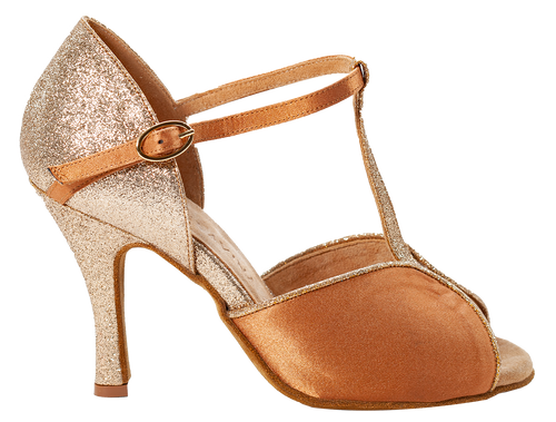 Nude satin and gold glitter fabric of Megan Nude Social Dance Shoes, 3.5 inch heel 