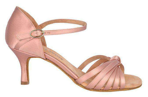 Kristi Ladies Latin Dance Shoes in baby pink with satin uppers, leather insoles & linings & luxury buckles