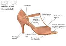 Load image into Gallery viewer, Benefits, design features &amp; composition of Esther Latin Dance Shoes for Ladies, handmade in Italy
